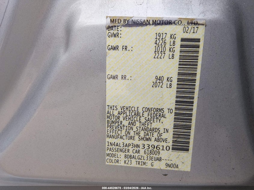 2017 Nissan Altima 2.5 S VIN: 1N4AL3AP3HN339610 Lot: 44528678