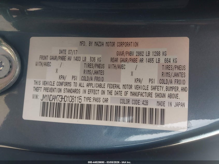 2017 Mazda Mx-5 Miata Rf Grand Touring VIN: JM1NDAM73H0108115 Lot: 44528690