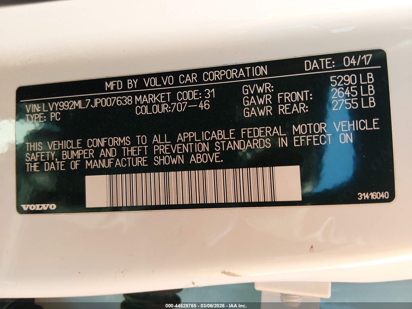 2018 Volvo S90 T6 Inscription VIN: LVY992ML7JP007638 Lot: 44528765