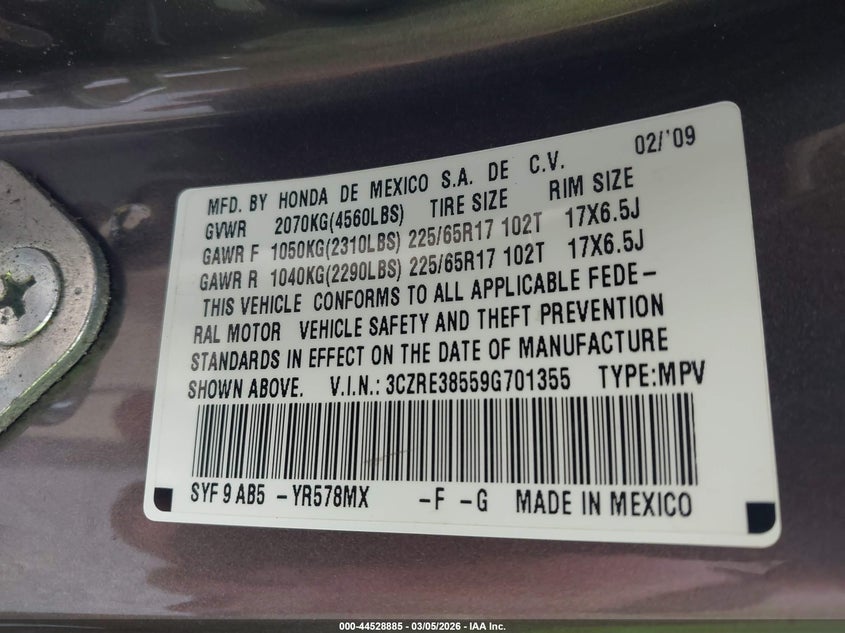 2009 Honda Cr-V Ex VIN: 3CZRE38559G701355 Lot: 44528885