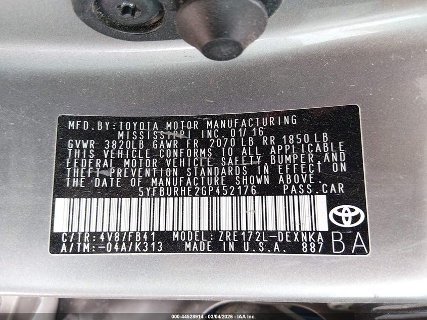 2016 Toyota Corolla Le Plus VIN: 5YFBURHE2GP452176 Lot: 44528914