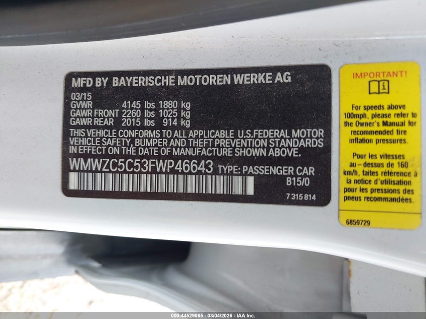 2015 Mini Countryman Cooper S VIN: WMWZC5C53FWP46643 Lot: 44529065