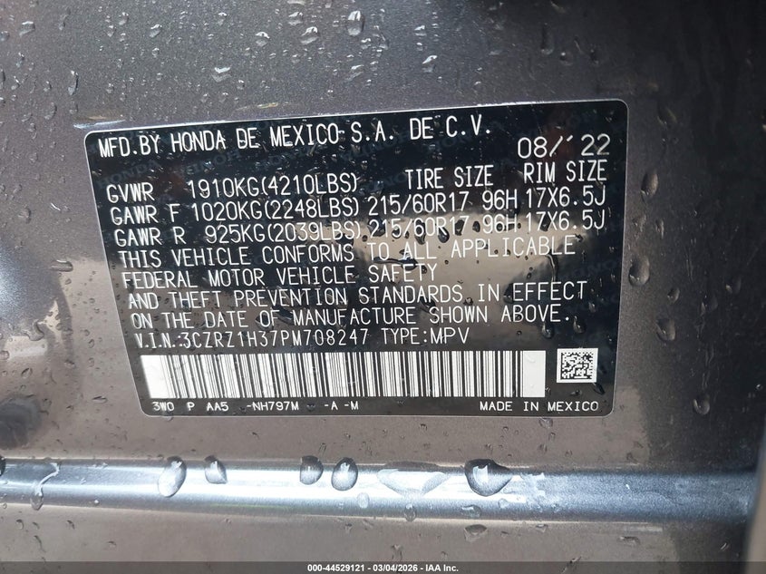 HONDA HR-V 2023 VIN 3CZRZ1H37PM708247
