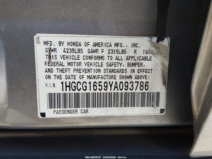 2000 Honda Accord 3.0 Ex VIN: 1HGCG1659YA093786 Lot: 44529197