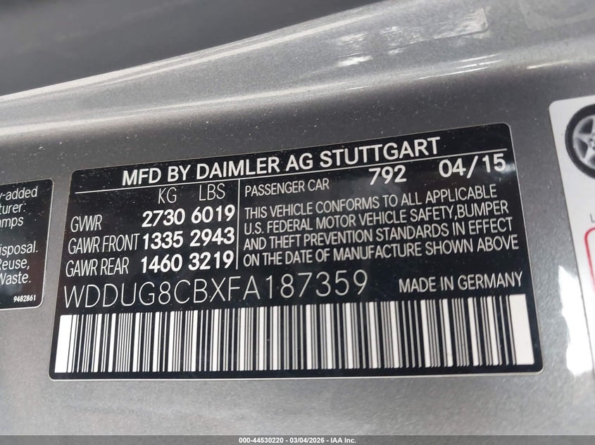 2015 Mercedes-Benz S 550 VIN: WDDUG8CBXFA187359 Lot: 44530220