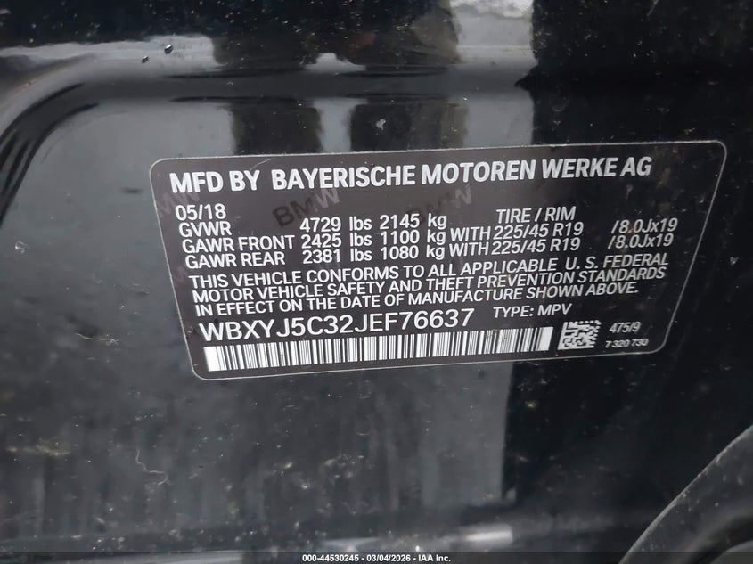 2018 BMW X2 xDrive28I VIN: WBXYJ5C32JEF76637 Lot: 44530245