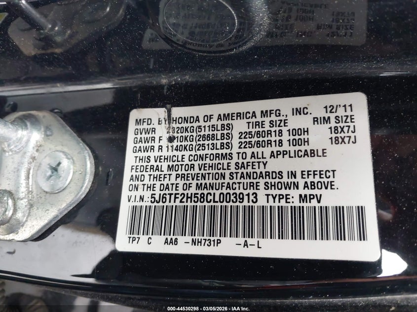 2012 Honda Crosstour Ex-L VIN: 5J6TF2H58CL003913 Lot: 44530298