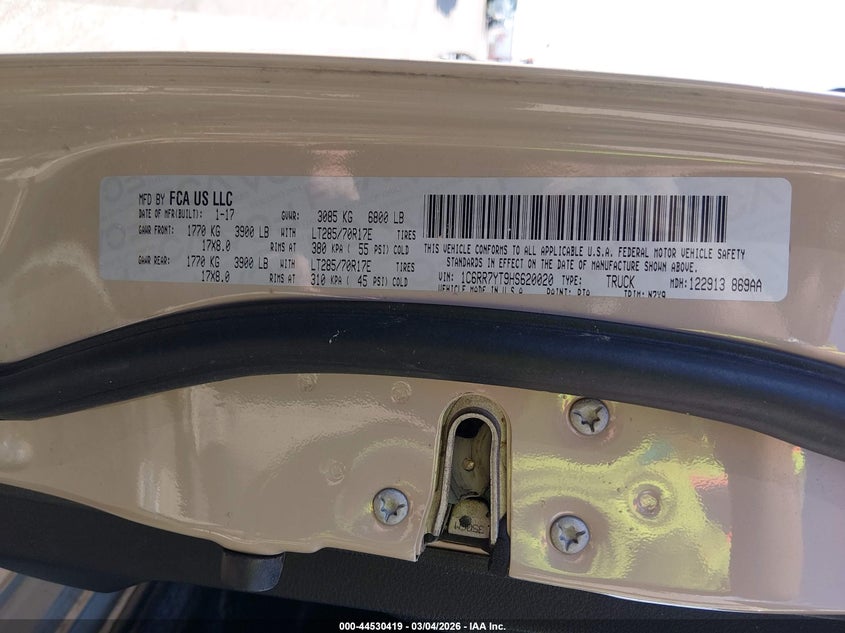 2017 Ram 1500 Rebel 4X4 5'7 Box VIN: 1C6RR7YT9HS620020 Lot: 44530419