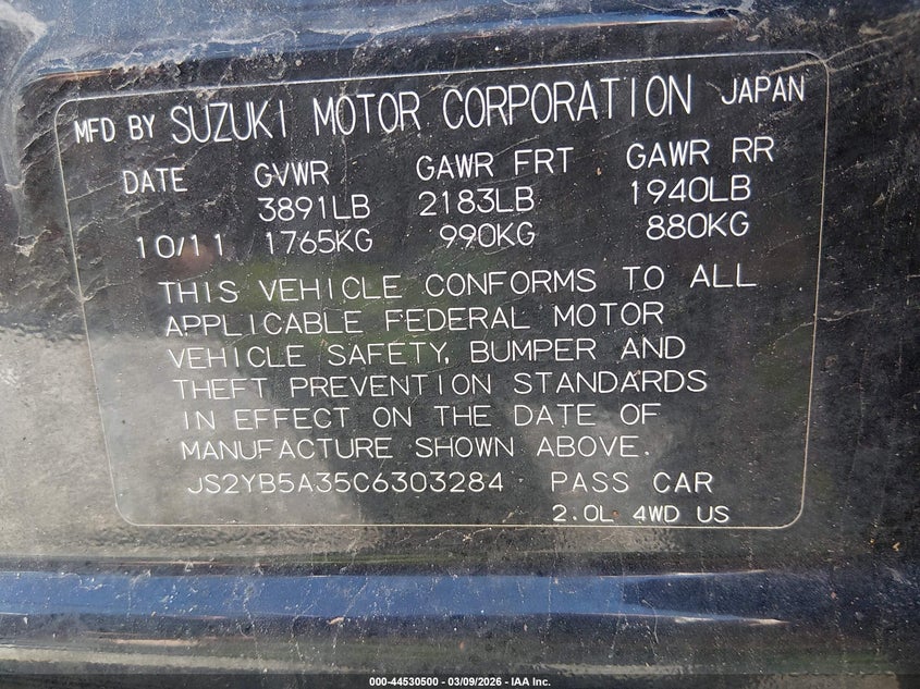 2012 Suzuki Sx4 Premium/Tech Valu Pkg (Nav) VIN: JS2YB5A35C6303284 Lot: 44530500