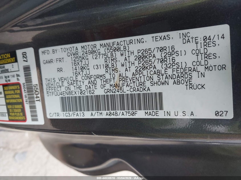 2014 Toyota Tacoma Base V6 VIN: 5TFUU4EN8EX102162 Lot: 44530516