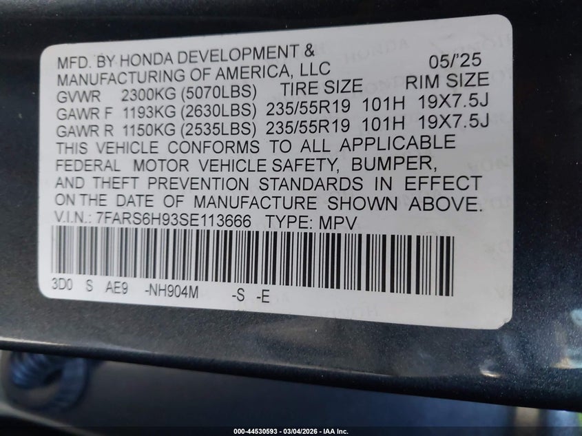VIN 7FARS6H98SE113842 2025 HONDA CR-V HYBRID SPORT TOURING