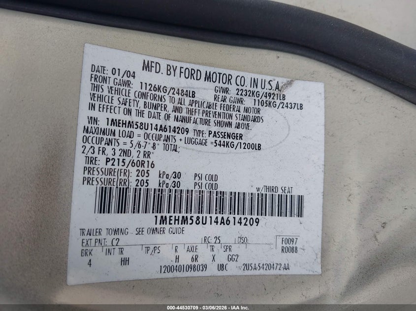 2004 Mercury Sable Gs VIN: 1MEHM58U14A614209 Lot: 44530709