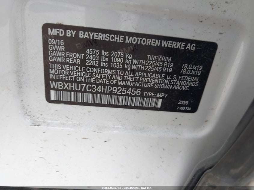 2017 BMW X1 Sdrive28I VIN: WBXHU7C34HP925456 Lot: 44530758