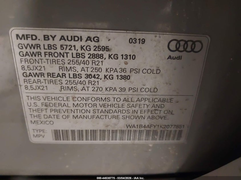 2019 Audi Sq5 3.0T Premium VIN: WA1B4AFY1K2077851 Lot: 44530775