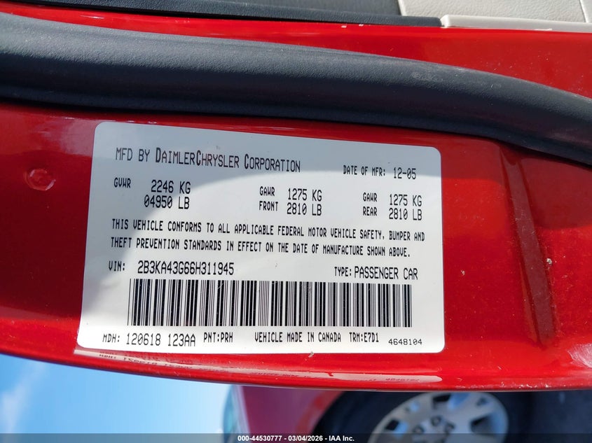 2006 Dodge Charger VIN: 2B3KA43G66H311945 Lot: 44530777