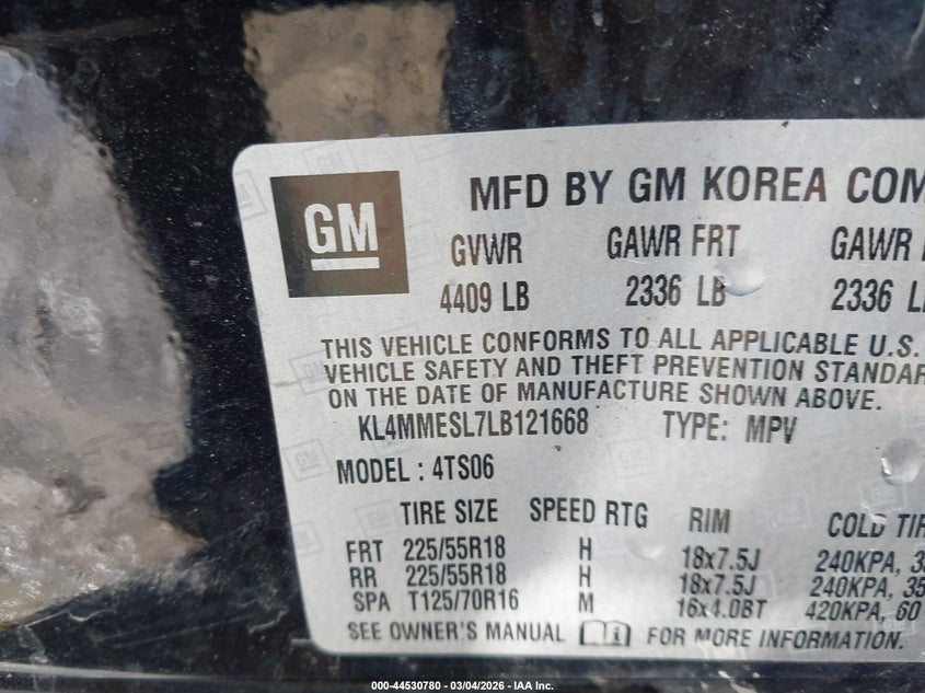 2020 Buick Encore Gx Awd Select VIN: KL4MMESL7LB121668 Lot: 44530780