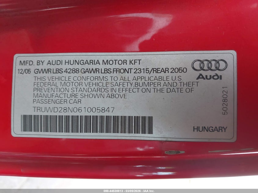2006 Audi Tt 3.2L VIN: TRUWD28N061005847 Lot: 44530813