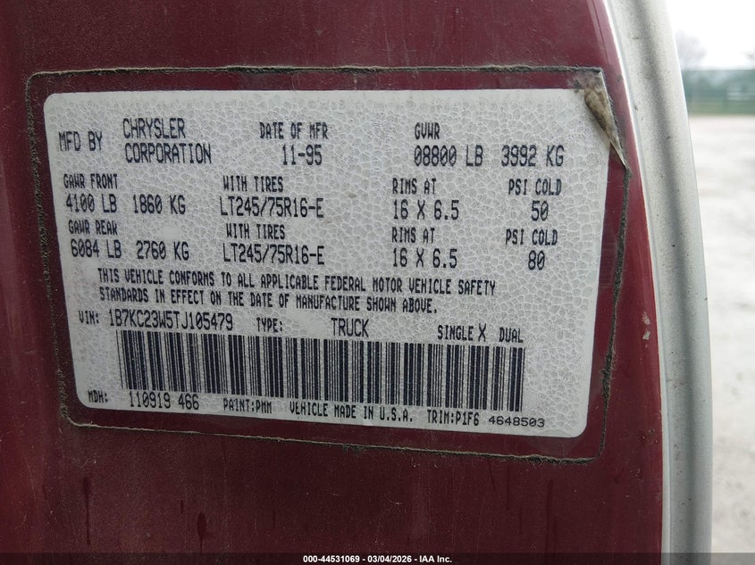 1996 Dodge Ram 2500 VIN: 1B7KC23W5TJ105479 Lot: 44531069