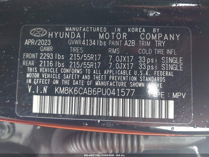 2023 Hyundai Kona Sel VIN: KM8K6CAB6PU041577 Lot: 44531105
