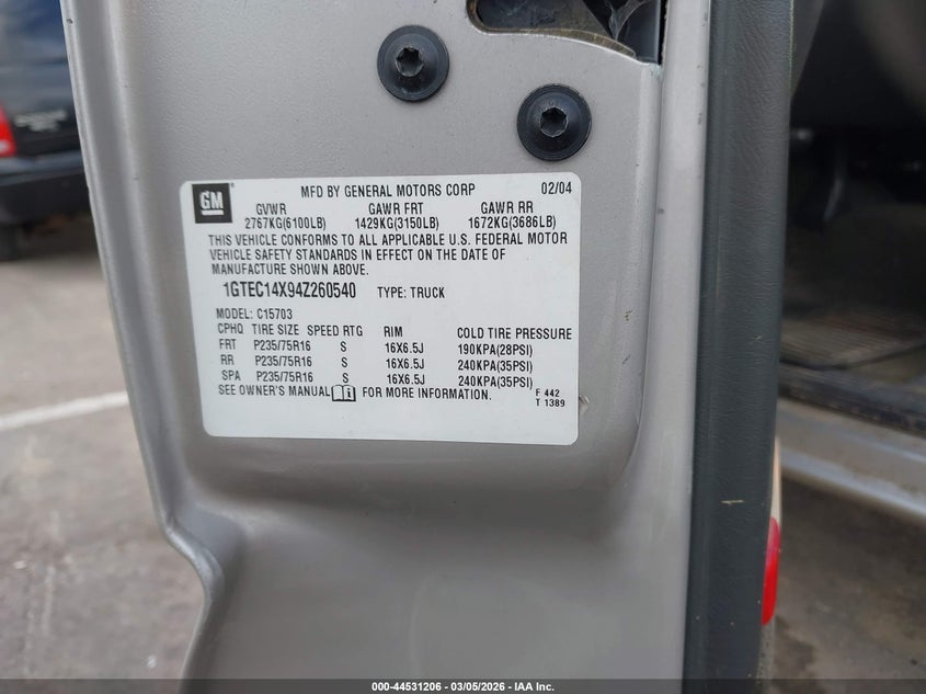 2004 GMC Sierra 1500 VIN: 1GTEC14X94Z260540 Lot: 44531206