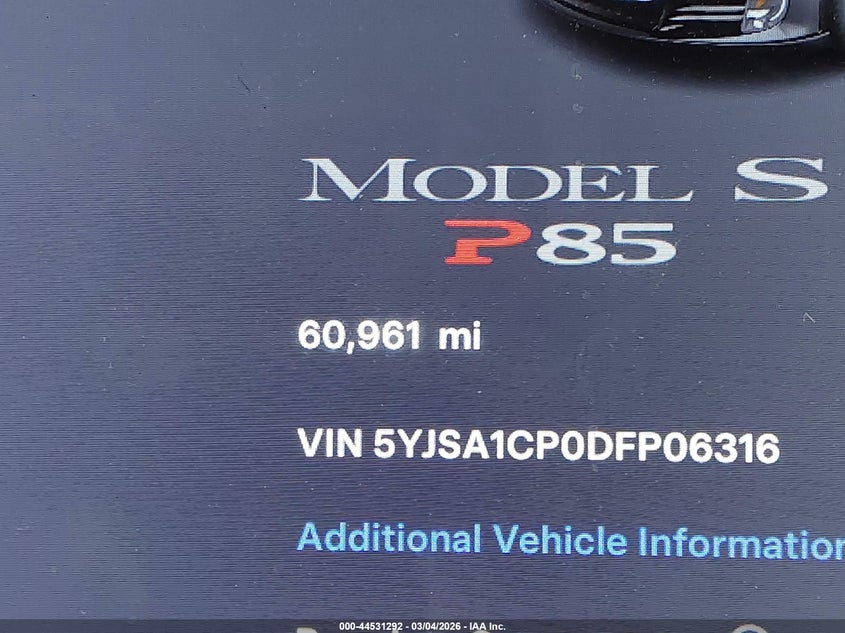 2013 Tesla Model S Performance VIN: 5YJSA1CP0DFP06316 Lot: 44531292