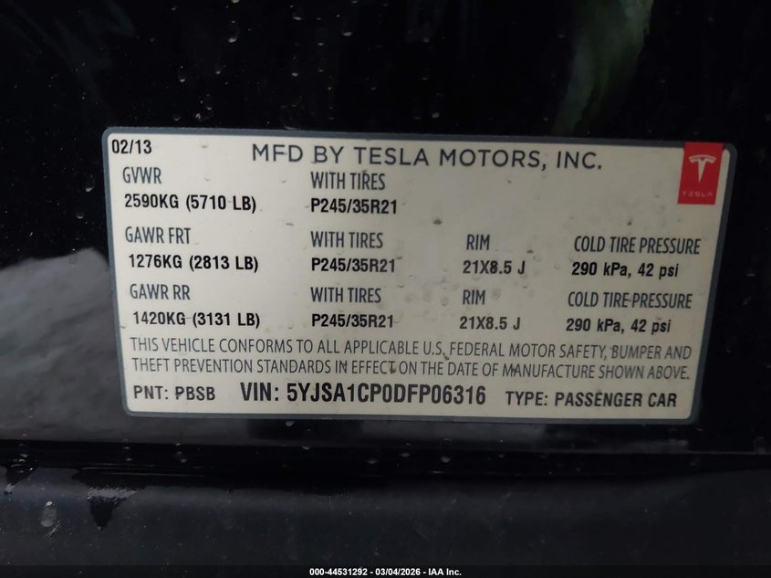 2013 Tesla Model S Performance VIN: 5YJSA1CP0DFP06316 Lot: 44531292