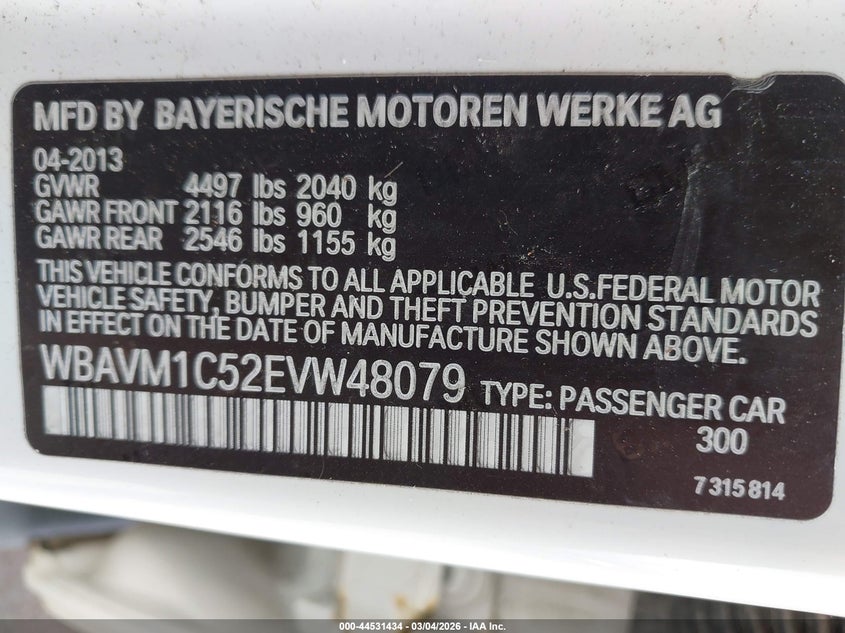 2014 BMW X1 Sdrive28I VIN: WBAVM1C52EVW48079 Lot: 44531434