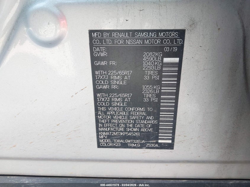 2019 Nissan Rogue Sv VIN: KNMAT2MT3KP545261 Lot: 44531578