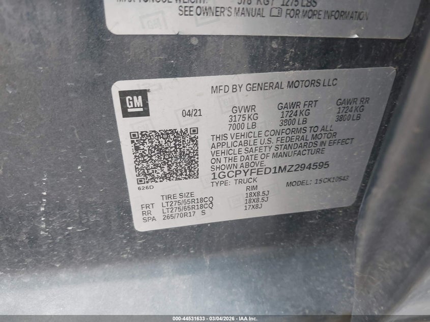 2021 Chevrolet Silverado 1500 4Wd Short Bed Lt Trail Boss VIN: 1GCPYFED1MZ294595 Lot: 44531633