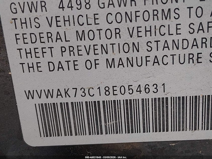 2008 Volkswagen Passat Komfort VIN: WVWAK73C18E054631 Lot: 44531648