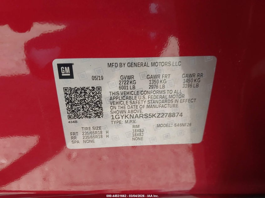 2019 Cadillac Xt5 Standard VIN: 1GYKNARS5KZ278874 Lot: 44531662