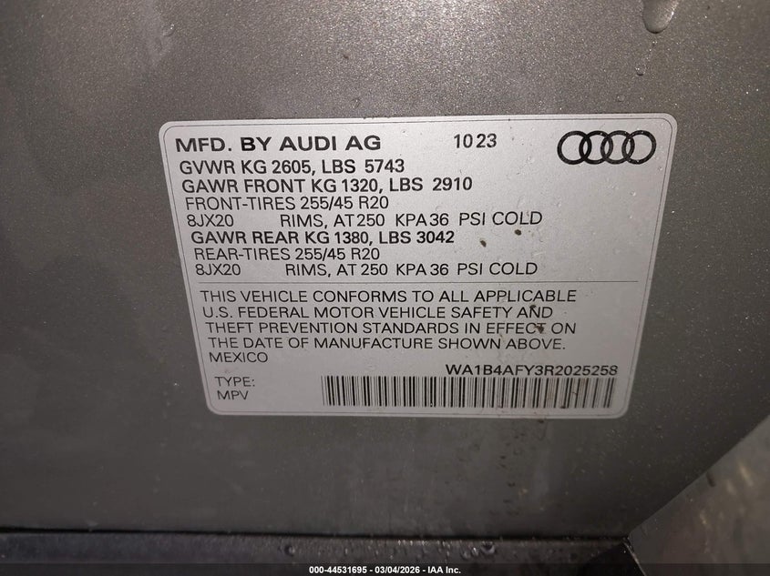 2024 Audi Sq5 Premium Plus Tfsi Quattro Tiptronic VIN: WA1B4AFY3R2025258 Lot: 44531695