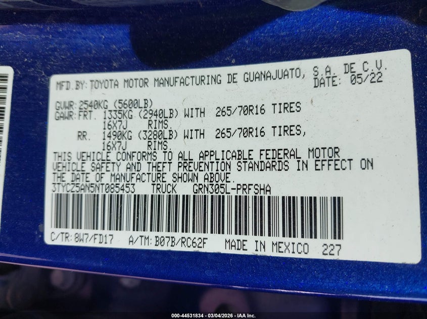 2022 Toyota Tacoma Trd Off Road VIN: 3TYCZ5AN5NT085453 Lot: 44531834