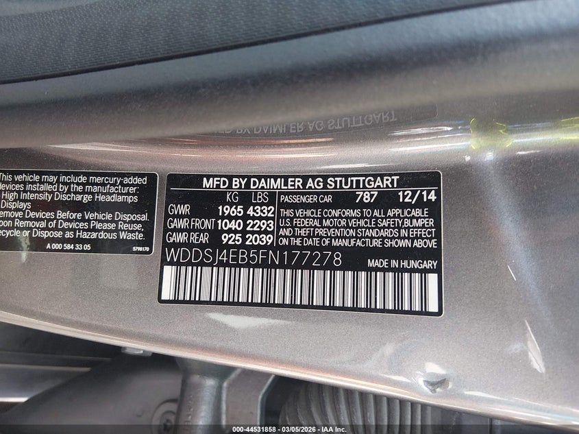 2015 Mercedes-Benz Cla 250 VIN: WDDSJ4EB5FN177278 Lot: 44531858