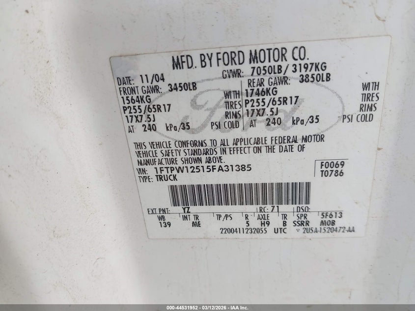 2005 FORD F-150 TRUCK 5.4L V-8 VVT, 300HP