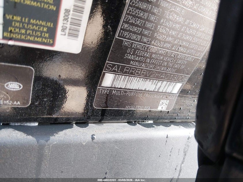 2017 Land Rover Discovery Hse VIN: SALRRBBV2HA013008 Lot: 44532203