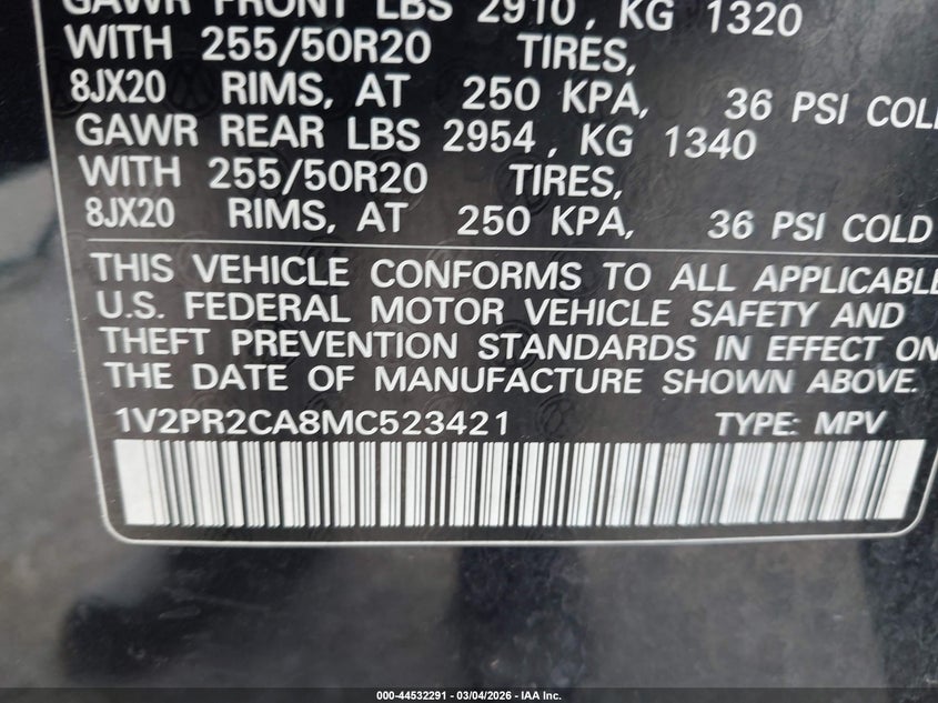 2021 Volkswagen Atlas 3.6L V6 Se W/Technology R-Line VIN: 1V2PR2CA8MC523421 Lot: 44532291