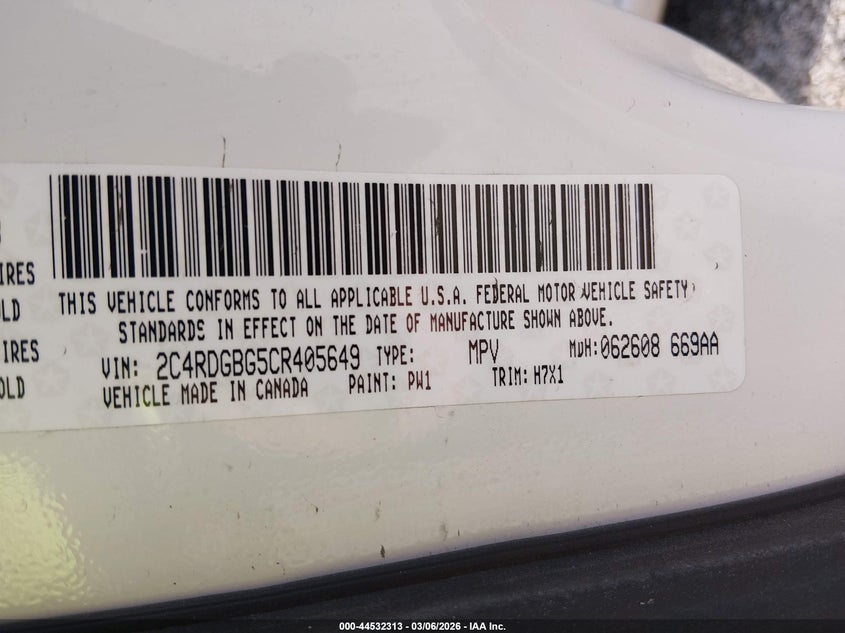 2C4RDGBG5CR405649 2012 Dodge Caravan 3.6 Grand Se/Avp white