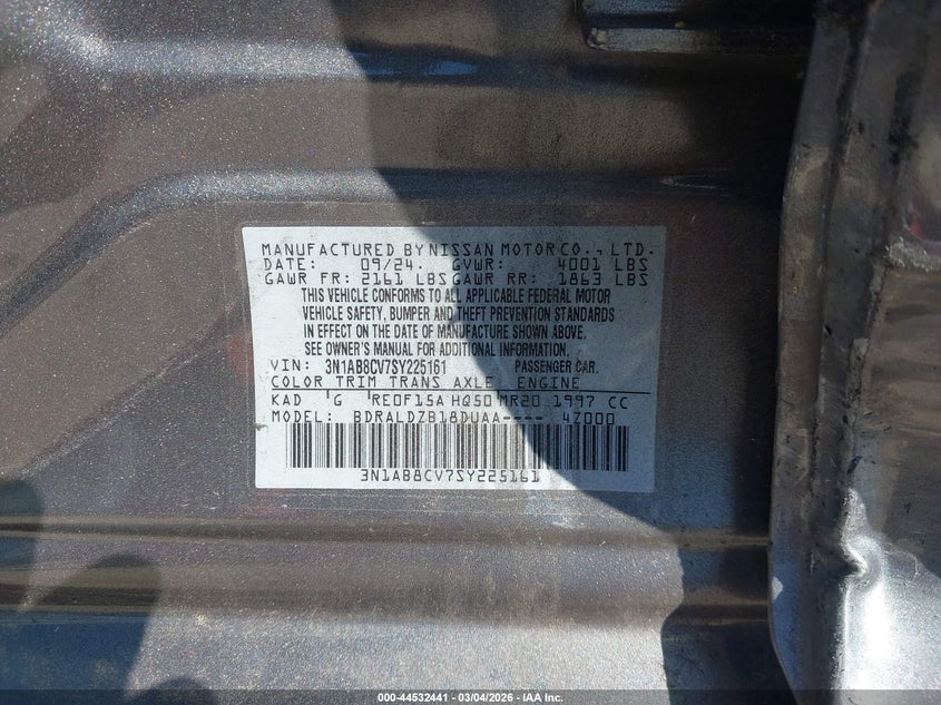 VIN 3N1AB8CV7SY225161 2025 NISSAN SENTRA SV