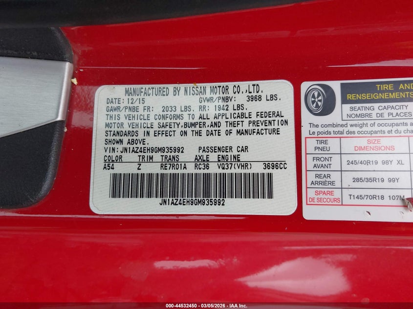 2016 Nissan 370Z Nismo Tech VIN: JN1AZ4EH9GM935992 Lot: 44532450