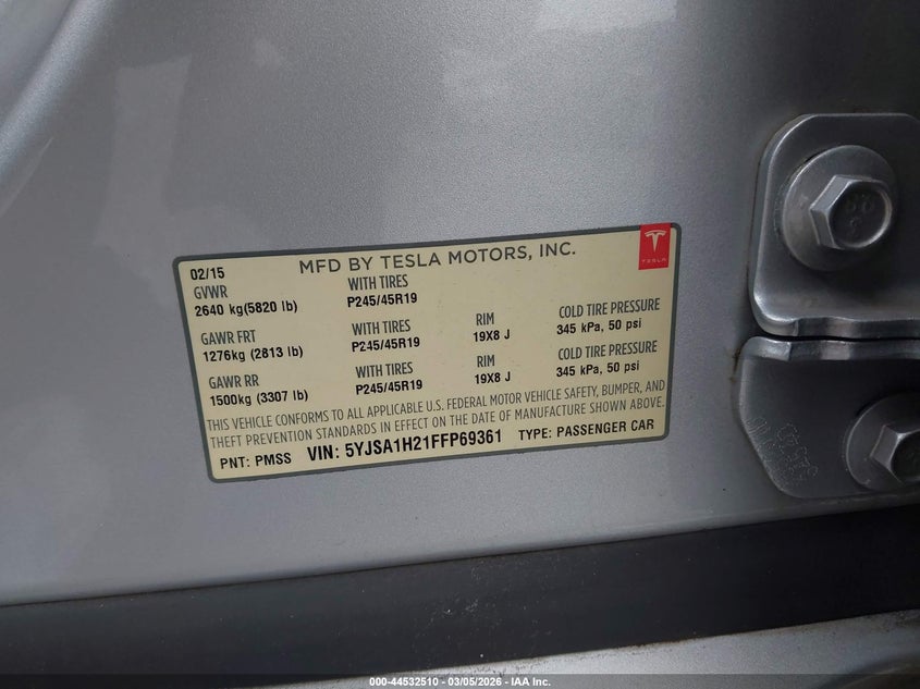 2015 Tesla Model S 70D/85D/P85D VIN: 5YJSA1H21FFP69361 Lot: 44532510