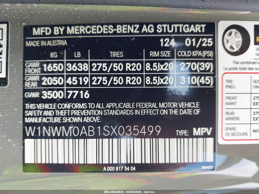 2025 Mercedes-Benz G 580E VIN: W1NWM0AB1SX035499 Lot: 44532625