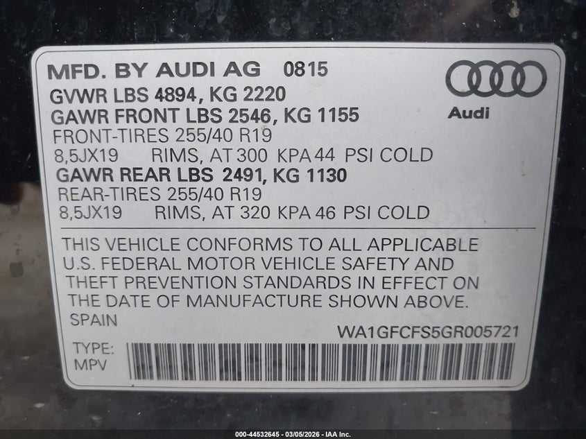 AUDI Q3 2016 VIN WA1GFCFS5GR005721