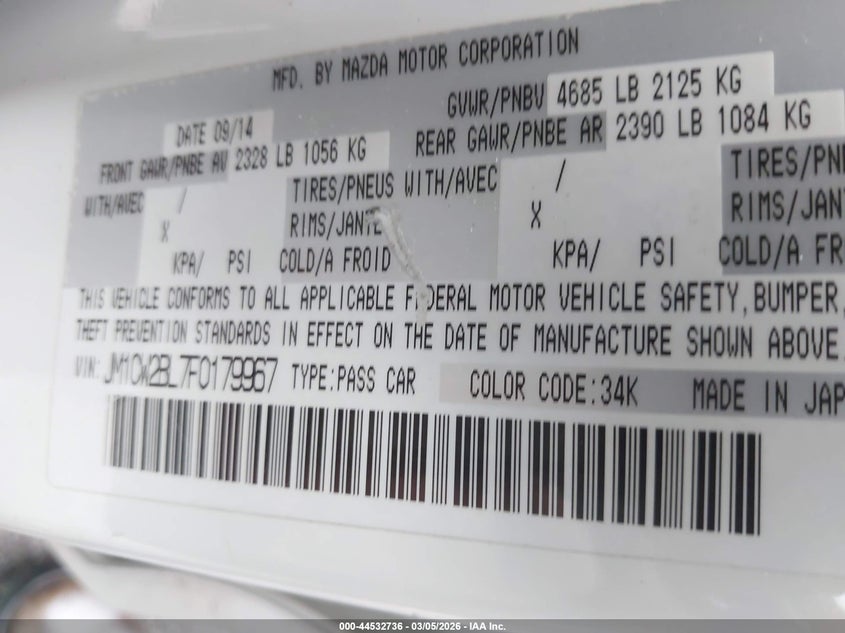 2015 Mazda Mazda5 Sport VIN: JM1CW2BL7F0179967 Lot: 44532736