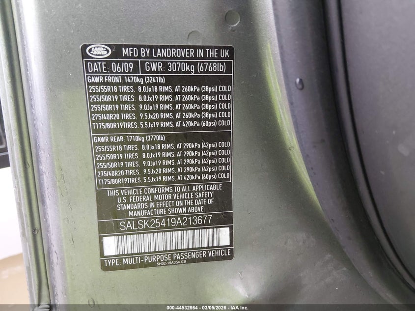 2009 Land Rover Range Rover Sport Hse VIN: SALSK25419A213677 Lot: 44532864