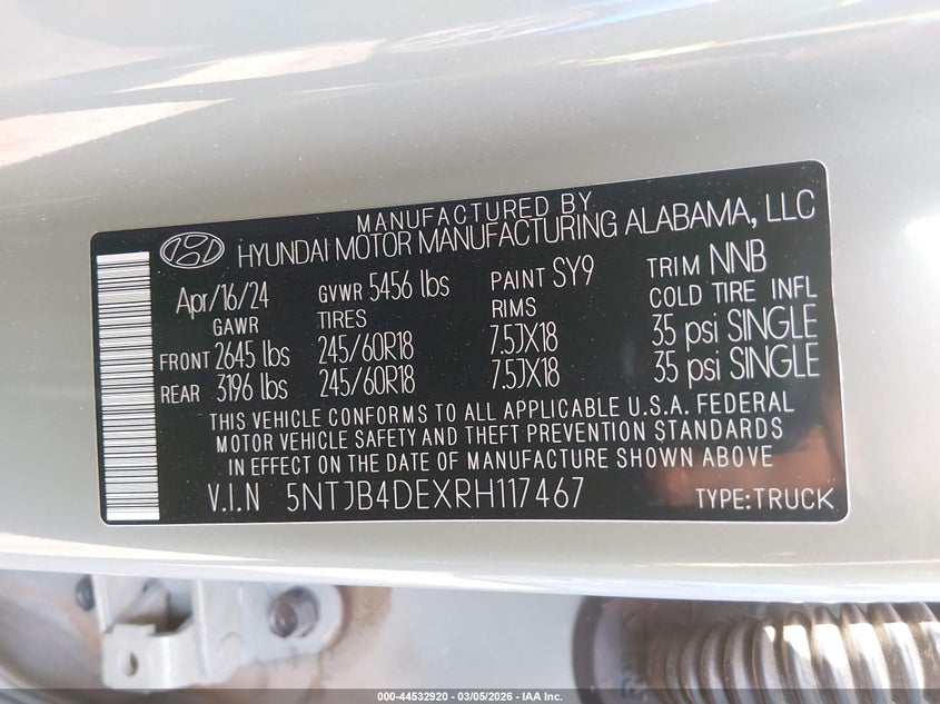 2024 Hyundai Santa Cruz Sel VIN: 5NTJB4DEXRH117467 Lot: 44532920
