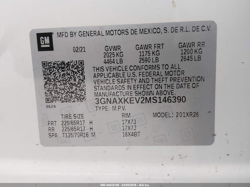 CHEVROLET EQUINOX 2021 VIN 3GNAXKEV2MS146390