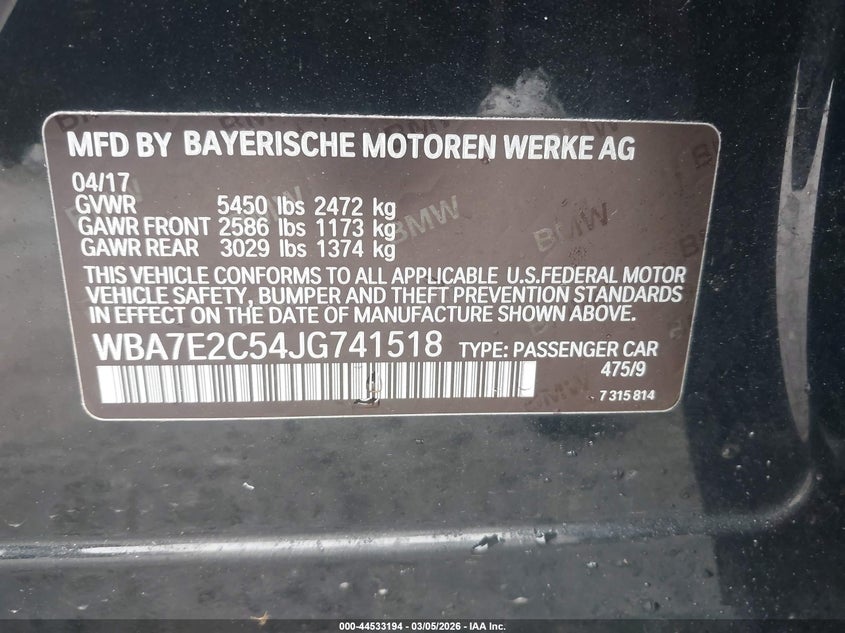 2018 BMW 740I VIN: WBA7E2C54JG741518 Lot: 44533194