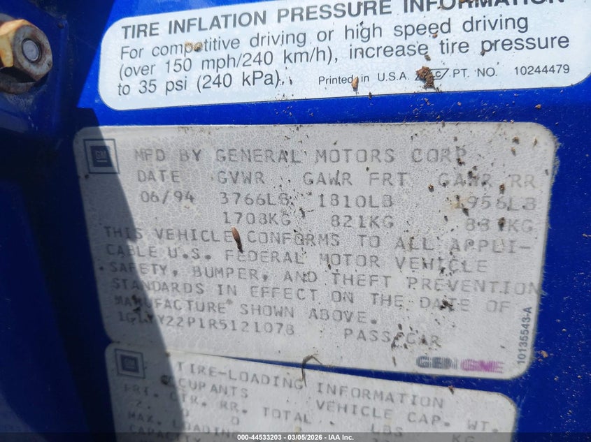 1994 Chevrolet Corvette VIN: 1G1YY22P1R5121078 Lot: 44533203