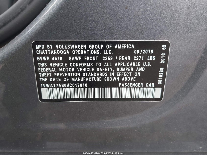 2017 Volkswagen Passat 1.8T S VIN: 1VWAT7A36HC017616 Lot: 44533376